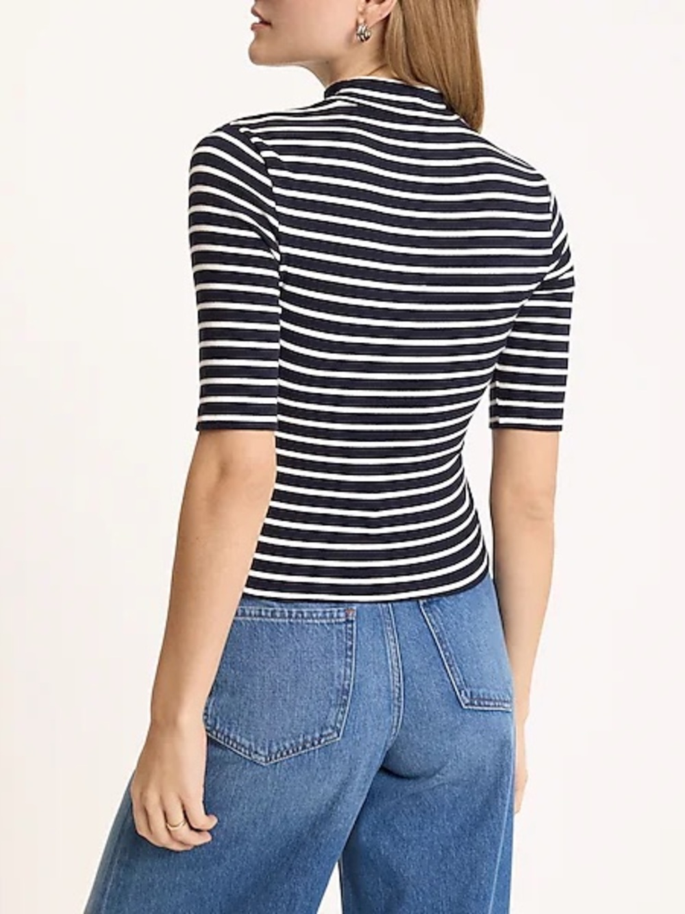 Express Striped Ribbed Mock Neck Elbow Sleeve Tee - Picture 2 of 6